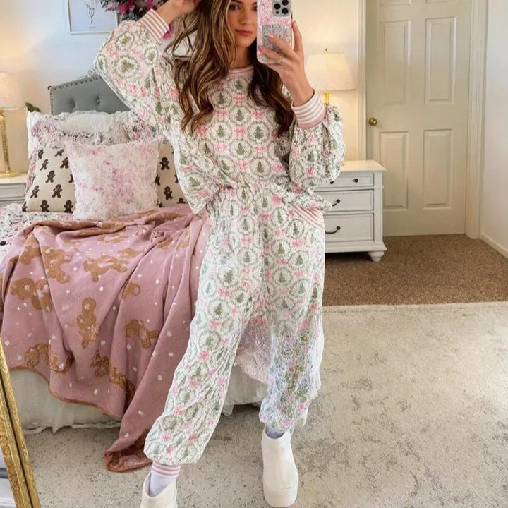 AUBREY™ - Cozy Christmas Bow Print Loungewear Set