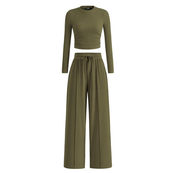 MIRELA™ - Ribbed Knit Long Sleeve Crop Top and Matching Pants Set