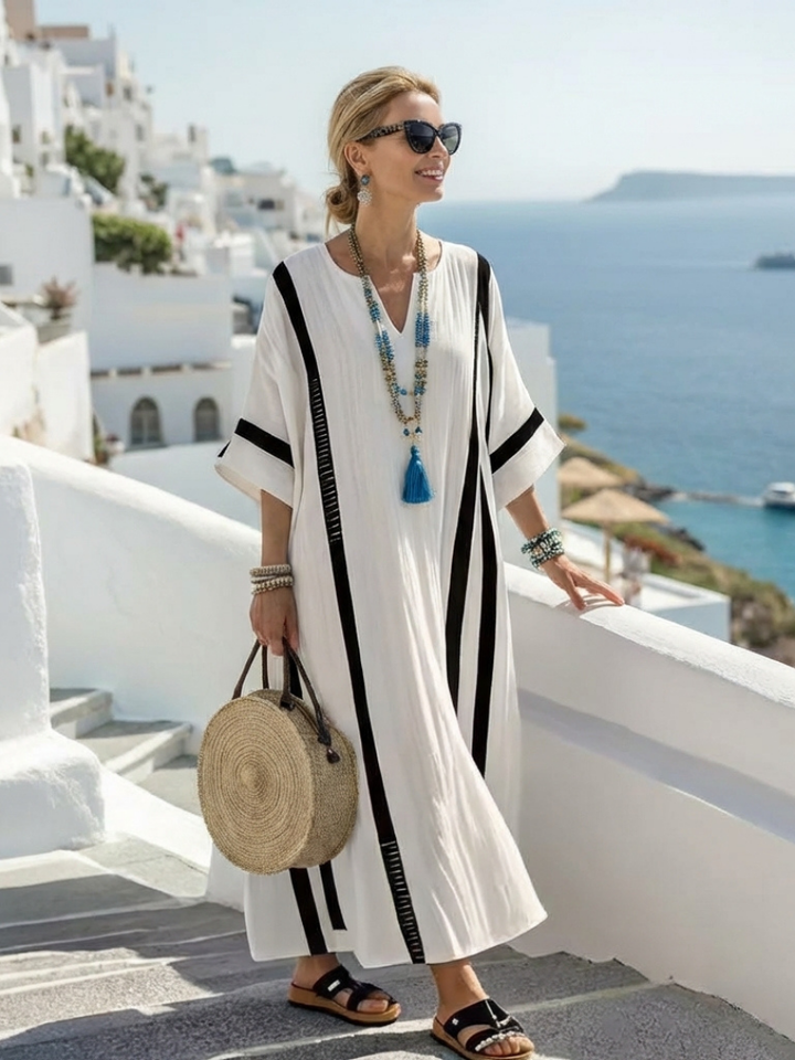 Elvienne | Short Sleeve Color Block Striped Maxi Dress