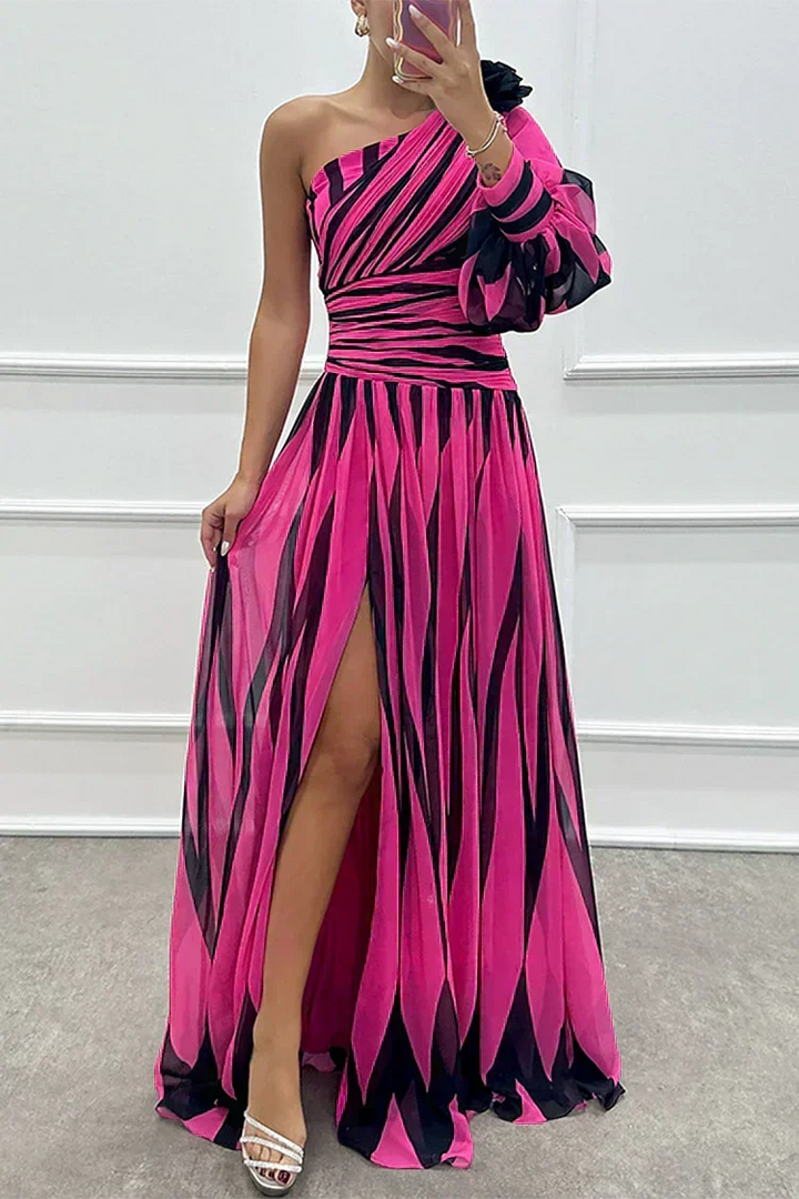 Aurora | Elegant Striped Dress with One Shoulder