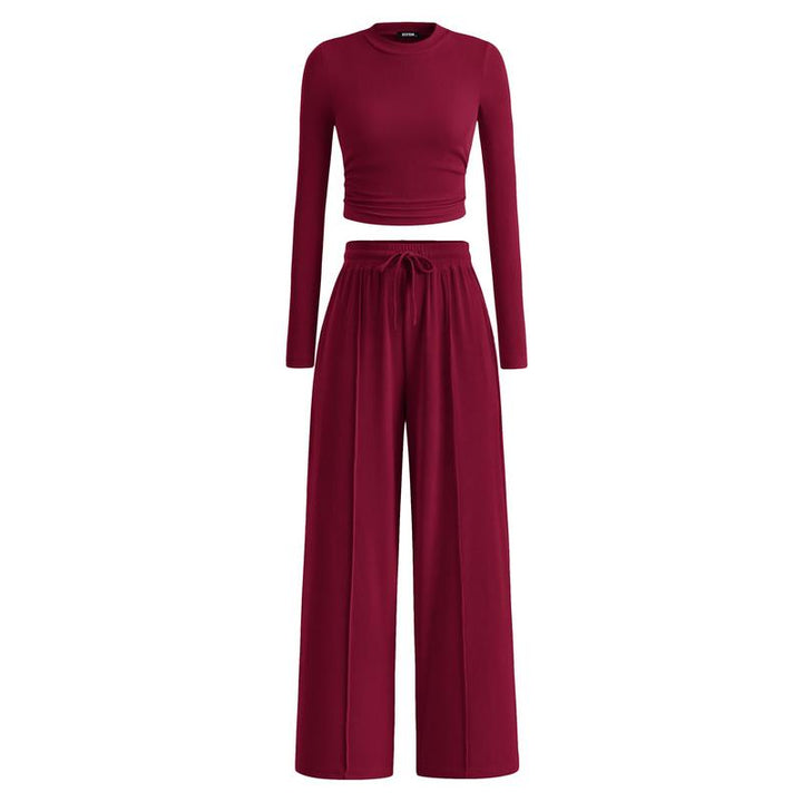 MIRELA™ - Ribbed Knit Long Sleeve Crop Top and Matching Pants Set