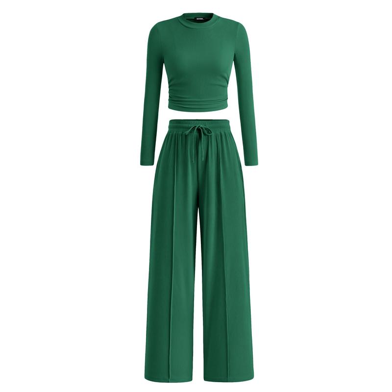 MIRELA™ - Ribbed Knit Long Sleeve Crop Top and Matching Pants Set