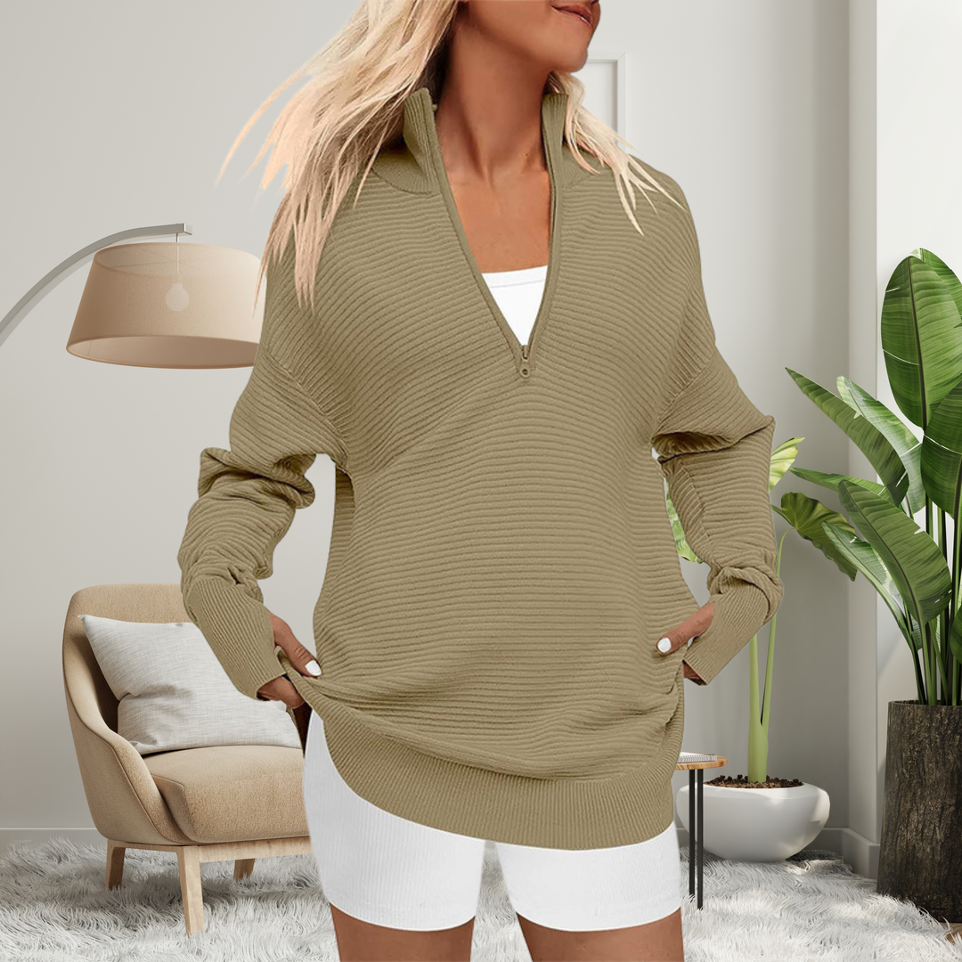 QUINN™ - Cozy Long Sleeve Quarter Zip Collared Pullover Sweater