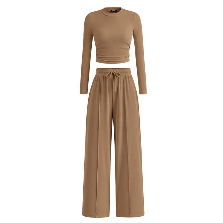 MIRELA™ - Ribbed Knit Long Sleeve Crop Top and Matching Pants Set