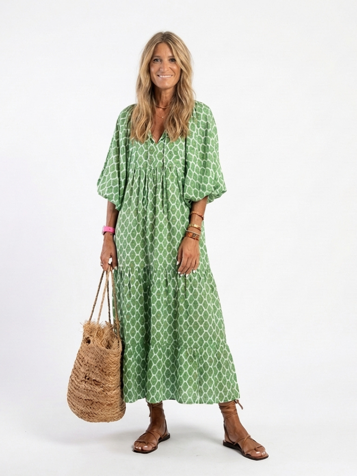 Apolline - Three Quarter Sleeve V Neck Patterned Midi Dress