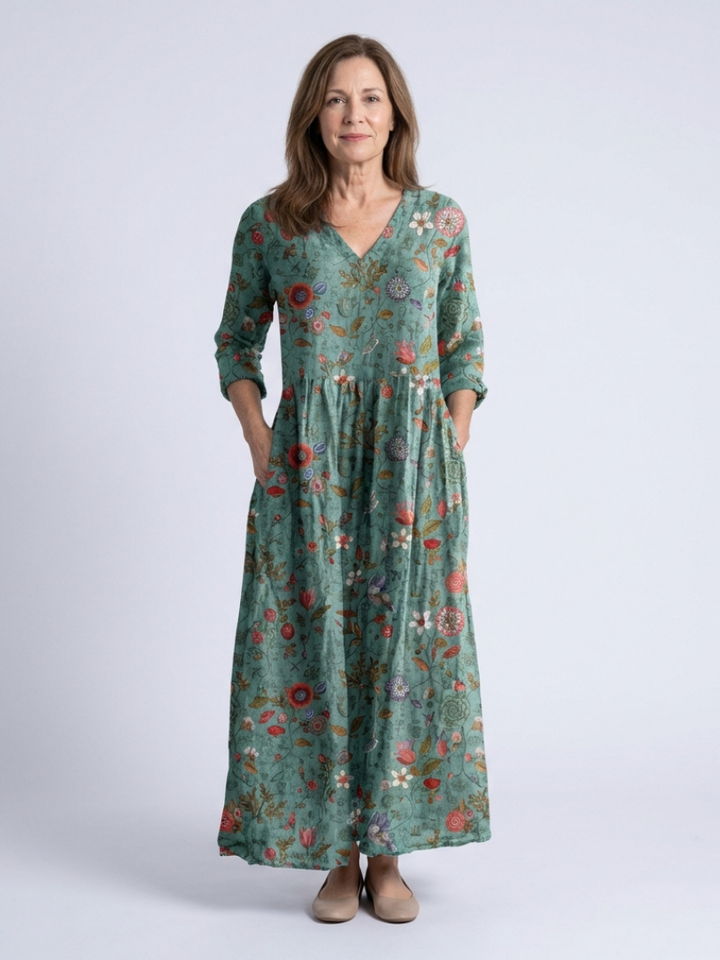 Marina - Floral V Neck Three Quarter Sleeve Maxi Dress