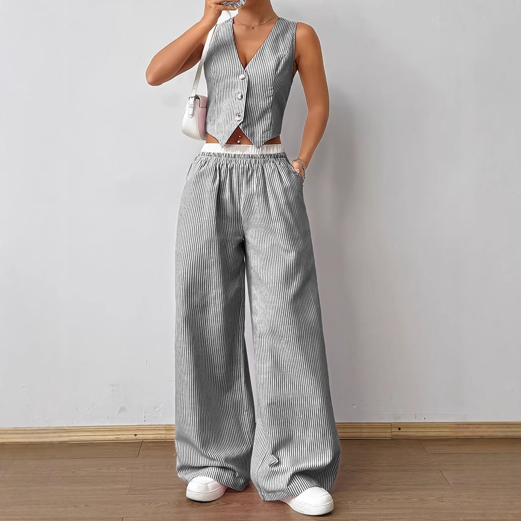 HELENA™ - Elegant Striped Print Vest Top & Wide-Leg Pants Set