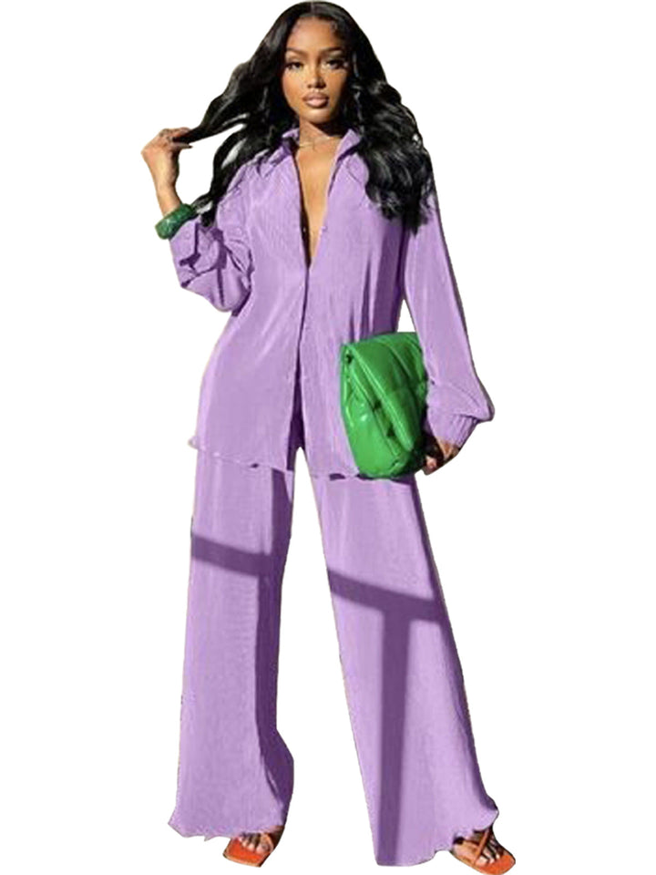 CLEO™ – Chic Collared Long Sleeve and Wide-Leg Pant Set
