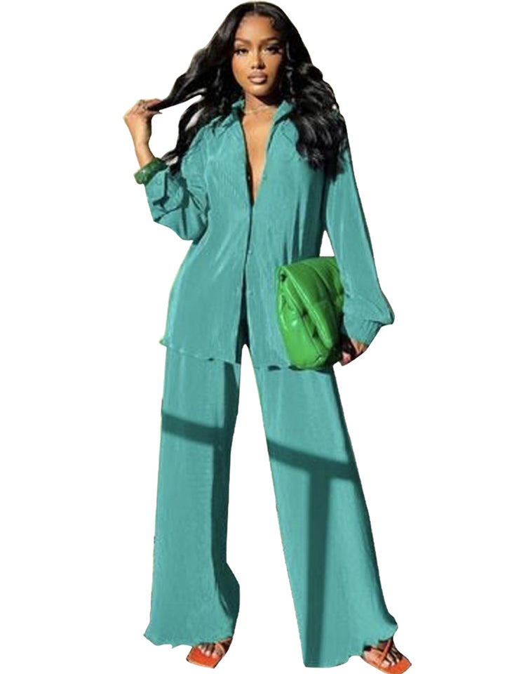 CLEO™ – Chic Collared Long Sleeve and Wide-Leg Pant Set