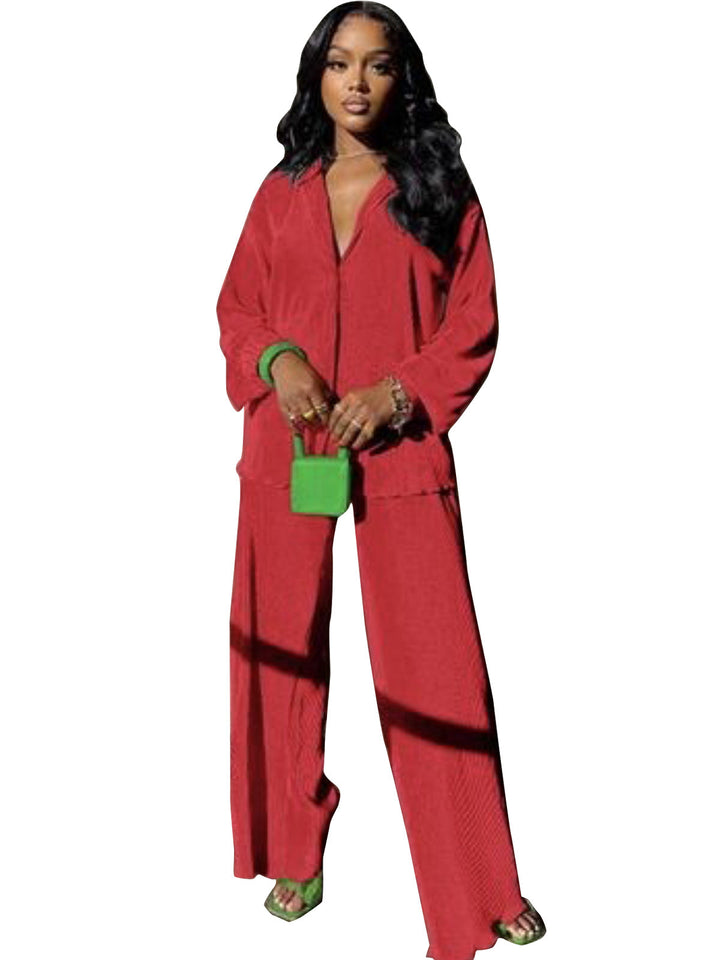 CLEO™ – Chic Collared Long Sleeve and Wide-Leg Pant Set