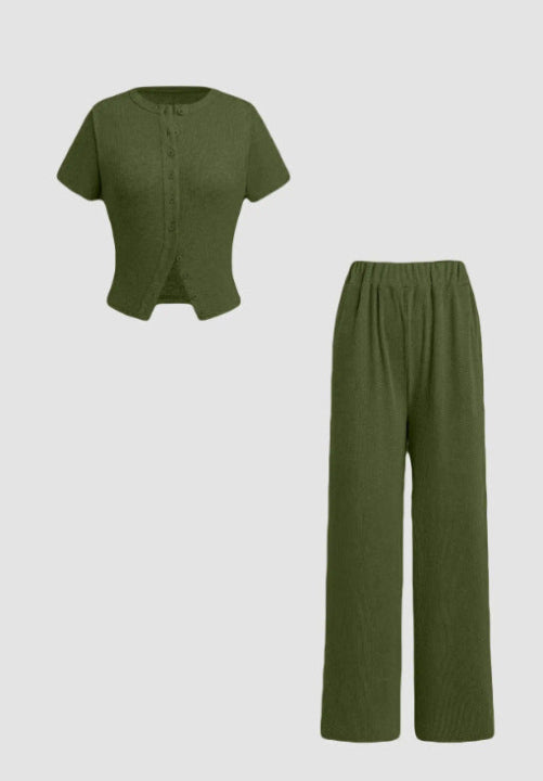 MIRANDA™ - Casual Button Front Top and Wide Leg Pants Set