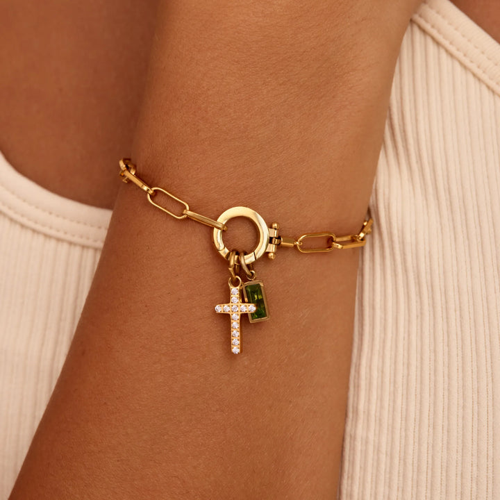 Paperclip Birthstone Cross Charm Bracelet