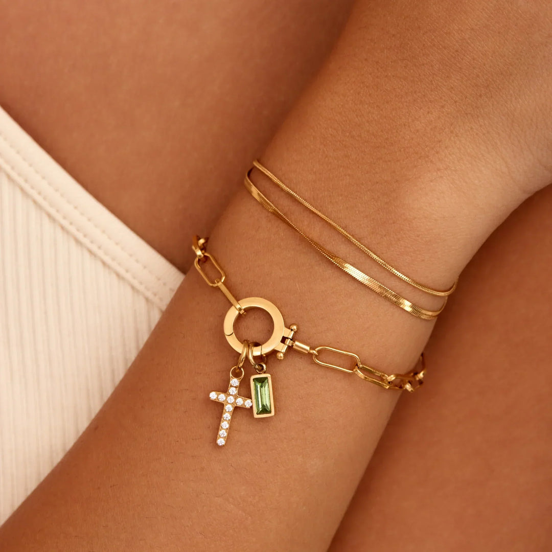 Paperclip Birthstone Cross Charm Bracelet