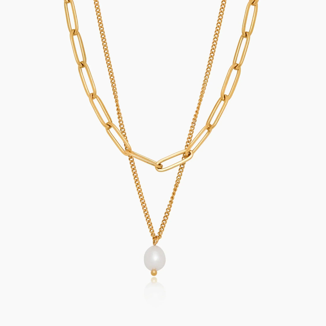 Paperclip & Pearl Drop Layered Necklace
