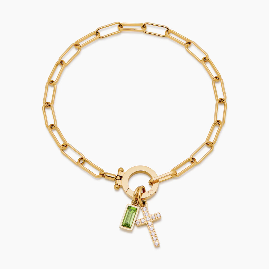 Paperclip Birthstone Cross Charm Bracelet