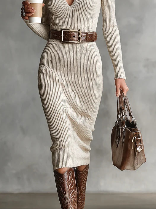 Delphino Slim Fit Half Turtleneck V-Neck Long Sleeve Knitted Belted Midi Dress