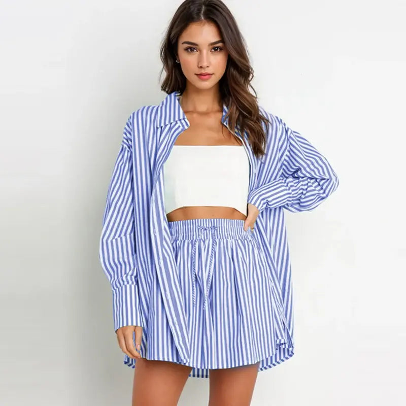 TIFY™ –  Chic Striped Collared Shirt and Wide-Leg Shorts Set