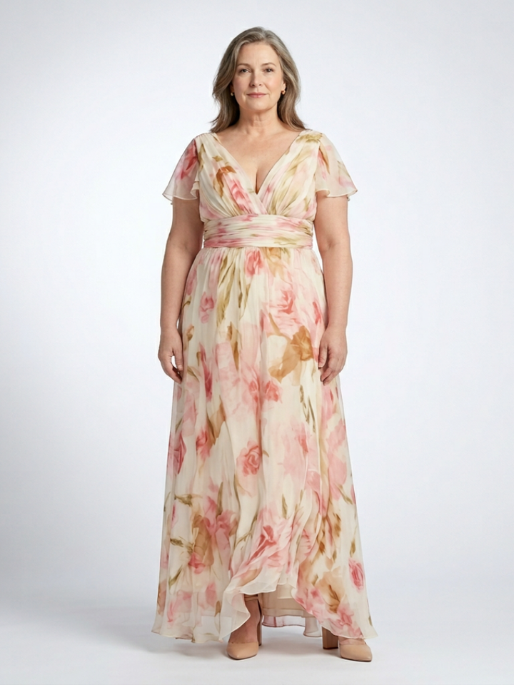 Elara - V Neck Short Sleeve Floral Maxi Dress